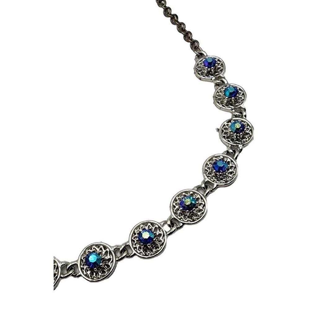 Vintage Dark Blue Aurora Borealis Rhinestone Silver Tone Filagree Necklace 17.5" - Picture 7 of 15